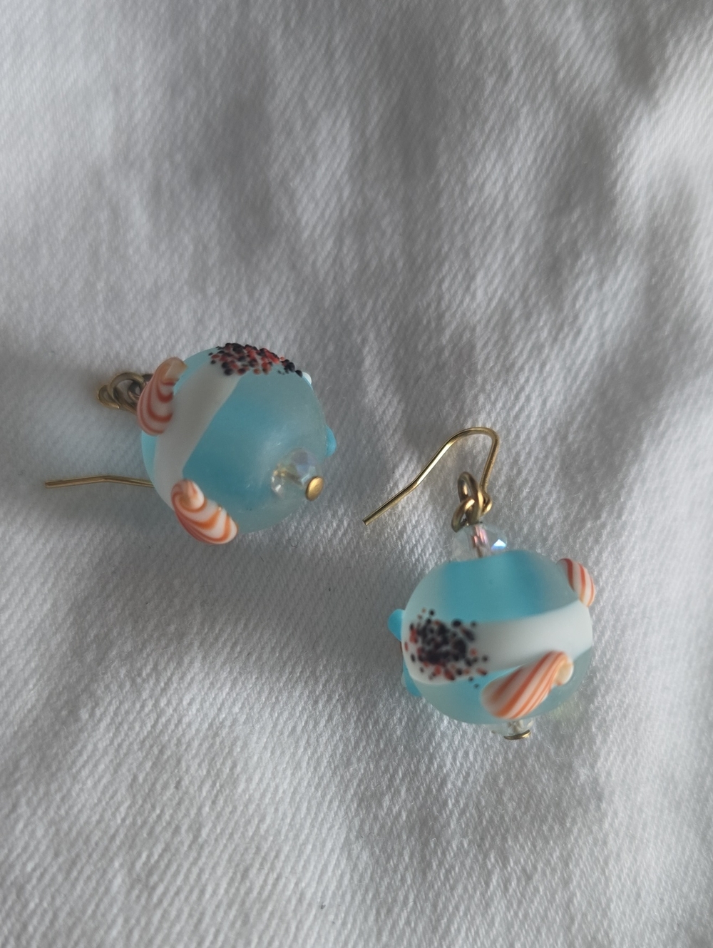 Frosted Blue Aqua Blue Glass Bead Earrings with Seashell Accents
